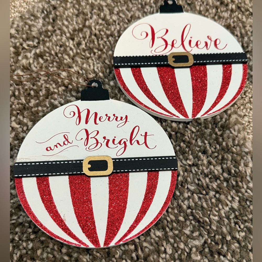 Boutique Wooden Christmas Ornaments Set of 2 Believe Merry And Bright 4.5"